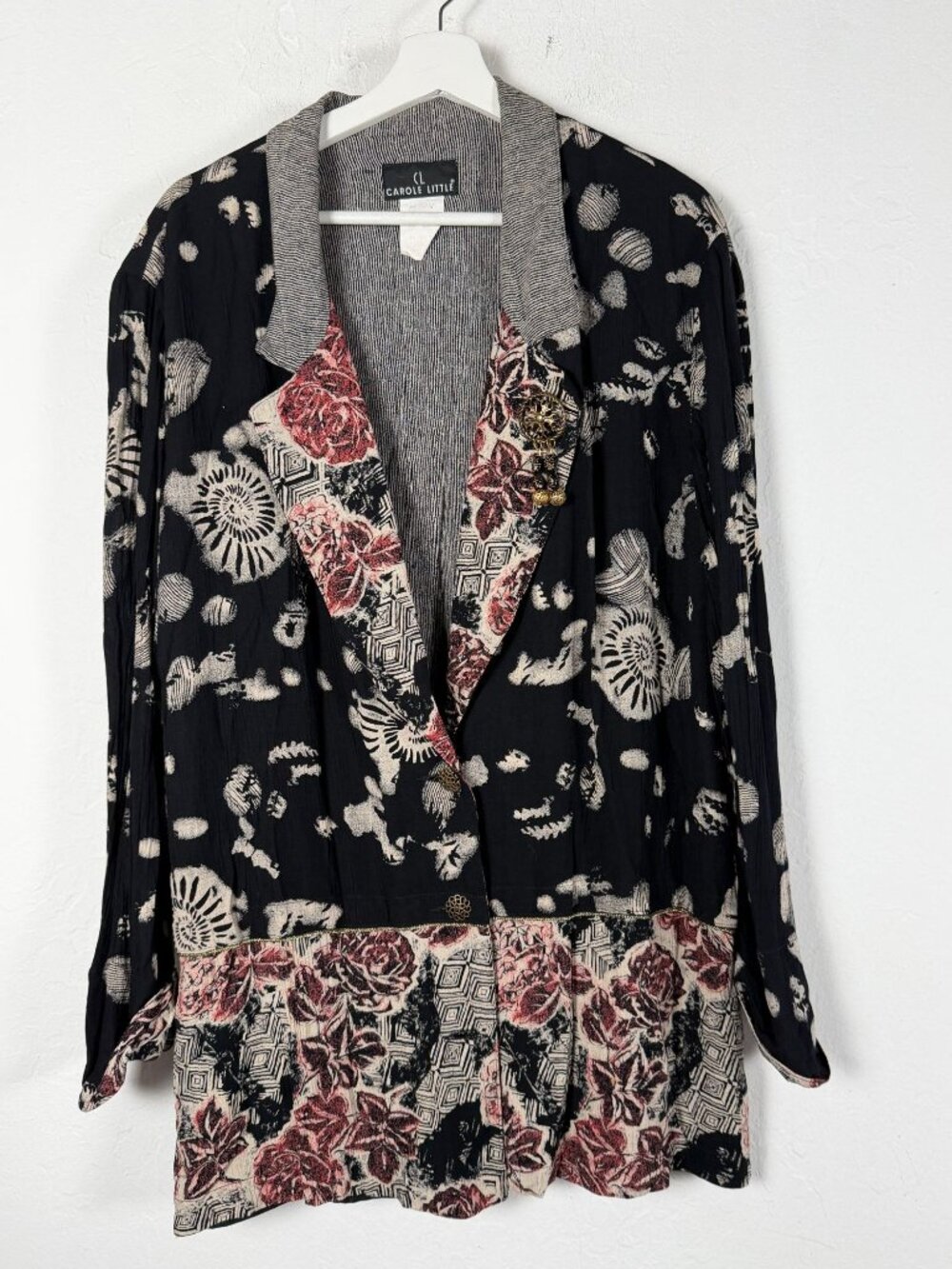 VTG Carole Little Floral Abstract Blazer Jacket Rayon Crinkled Textured USA Made